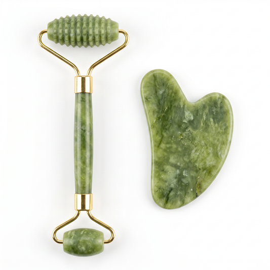 Rodillo de Jade Facial + Gua Sha - Kit de Masaje Antiarrugas y Antiojeras